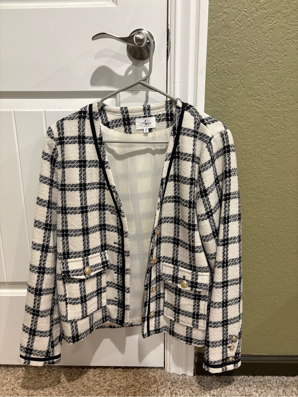 Able Black and White Plaid Open-Front Tweed Jacket